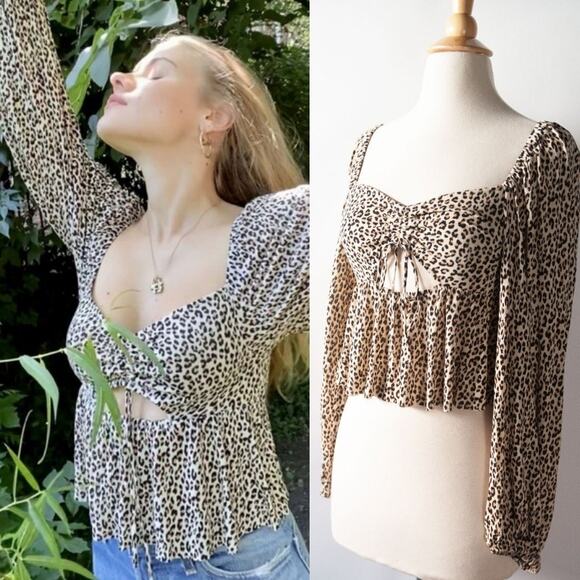 Urban Outfitters Leopard Cutout Peplum Crop Top Size S - Picture 1 of 13
